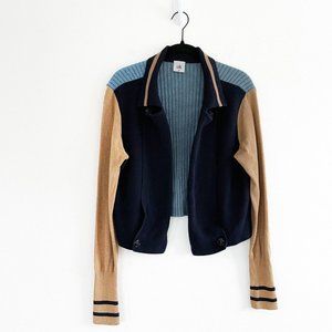 Cabi Turn Back Cardigan Sweater Open Front Medium Academia Navy Tan Chunky Knit